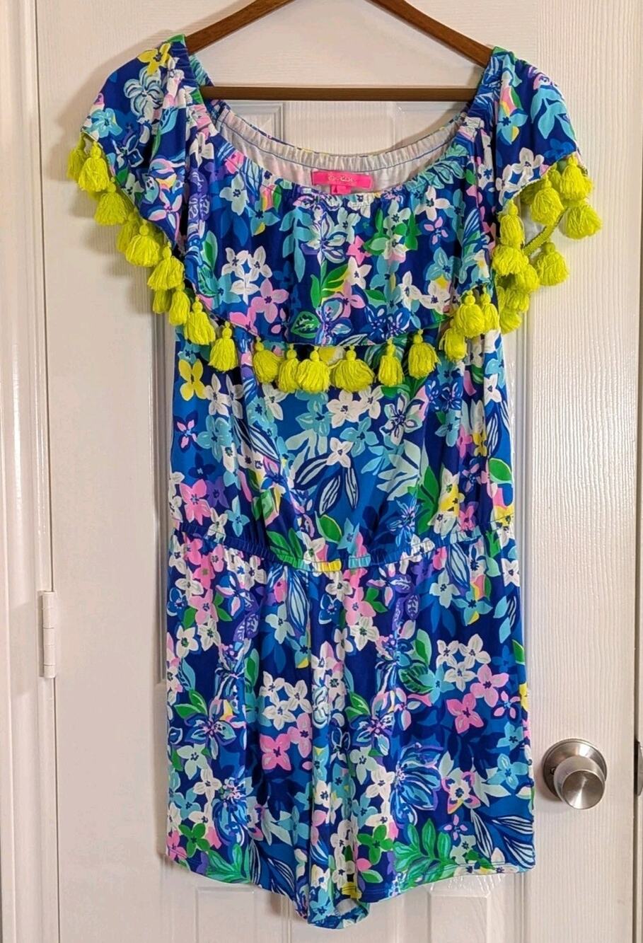 Lilly Pulitzer La Fortuna Romper Borealis Blue Social Sunset Tassels MEDIUM